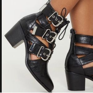 PRETTY LITTLE THING BLACK CROC THREE BUCKLE LACE UP BOOTS- SIZE 4 Fits US 8-8.5